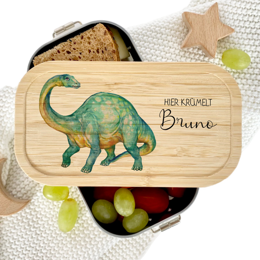 Brotdose "Dinosaurier" wählbar in Edelstahl mit Bambusdeckel und Namen für Kinder | Lunchbox "Dino" | Personalisiertes Geschenk für Kinder