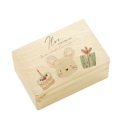 Personalisiertes Willkommensgeschenk aus Holz, Erinnerungsbox mit Motiv "Maus" für Babys, Kinder