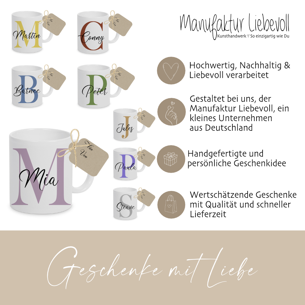 Tasse mit Name und Buchstabe Initiale Monogramm personalisiert mit Namen und Buchstabe als Buchstabentasse weiß Keramik