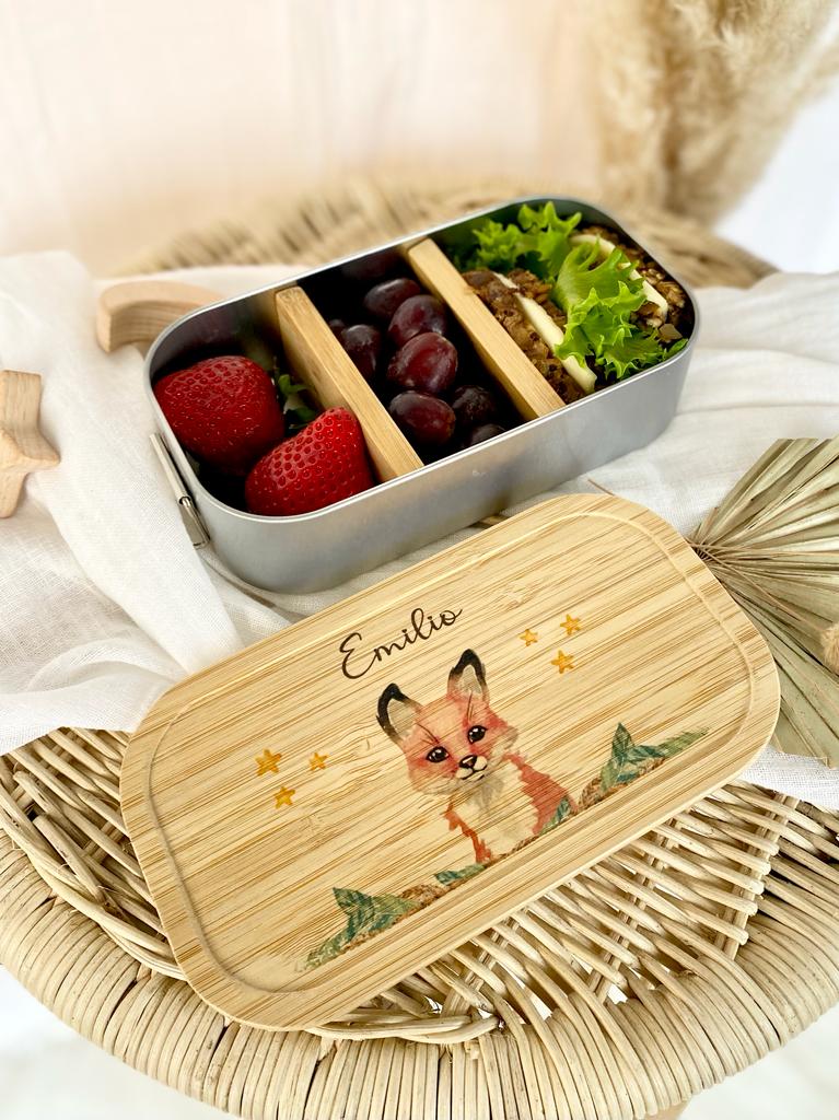 Kinder Lunchbox Fuchs mit Namen | Brotdose mit Tiermotiv für Jungen und Mädchen | Kindergarten und Schule | Personalisiertes Geburtstagsgeschenk