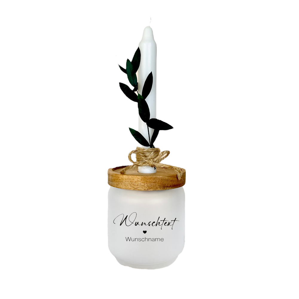 Personalisiertes Geschenkglas mit Wunschtext, Kerze und Trockenblume