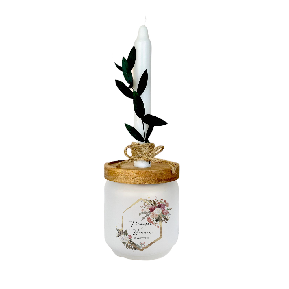 Geschenkglas zur Hochzeit personalisiert mit den Namen des Paares, Geschenkset mit Kerze und Trockenblume