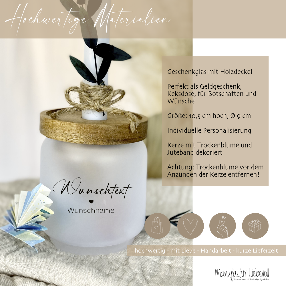 Personalisiertes Geschenkglas mit Wunschtext, Kerze und Trockenblume
