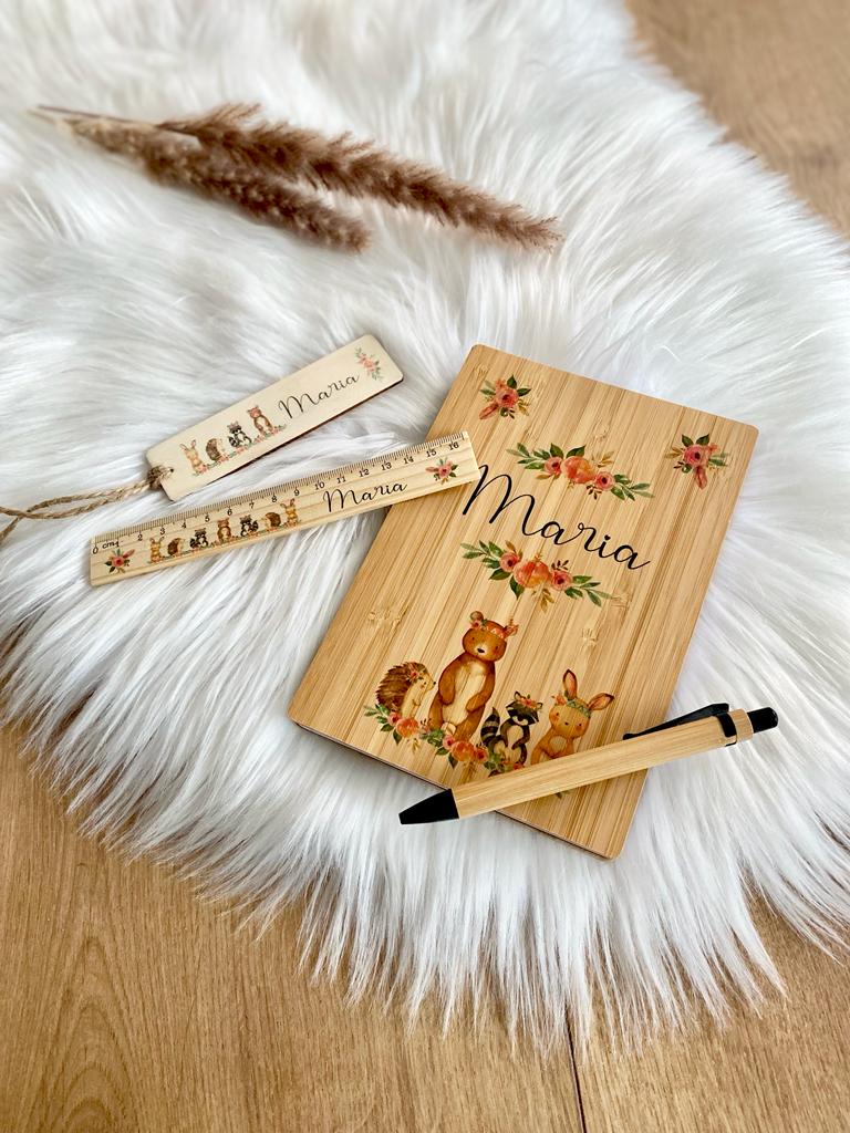 Notizbuch "Boho Tiere" mit Namen für Kinder | Personalisiertes Buch aus Bambus mit Kugelschreiber