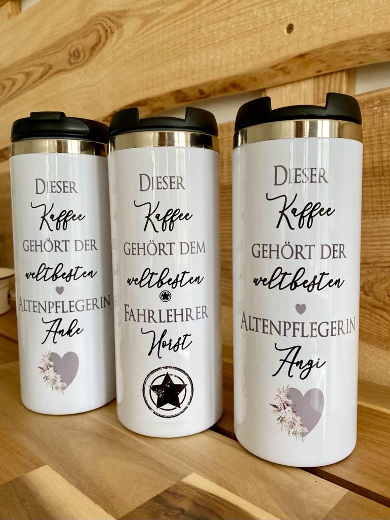 Thermobecher aus Edelstahl mit Namen und Berufsbezeichnung / Hobby für Sie u. Ihn | Personalisiertes Geschenk für Frauen u. Männer | Geschenkidee zum Geburtstag, als Dankeschön, Abschied Kollegin | Kaffeebecher | 2 Motivvarianten