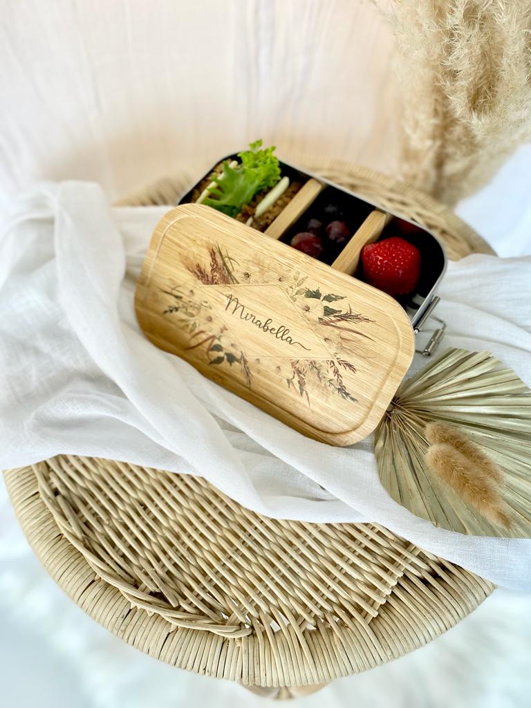 Brotdose "Boho Blumenkranz" mit Bambusdeckel und Namen | Boho Lunchbox mit floralem Motiv | Personalisierte Geschenkidee fürs Büro, Freizeit, Reisen
