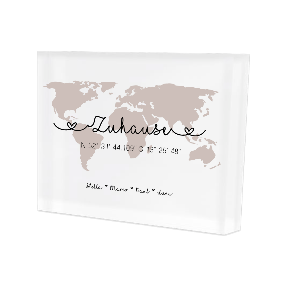 Personalisiertes Bild aus Acrylglas "Weltkarte" mit Namen und Koordinaten | Hochglänzend mit Tiefenwirkung | Geschenkidee für Paare, zur Hochzeit, zum Umzug