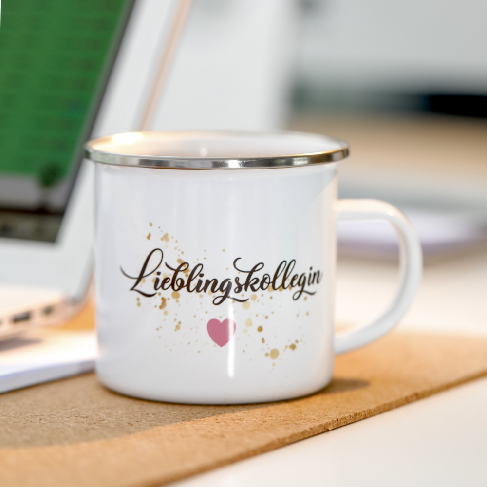 Tasse "Lieblingskollegin" | Geschenk für die Arbeitskollegin | Emailletasse mit Geschenkanhänger | 12 Motivvarianten zur Auswahl