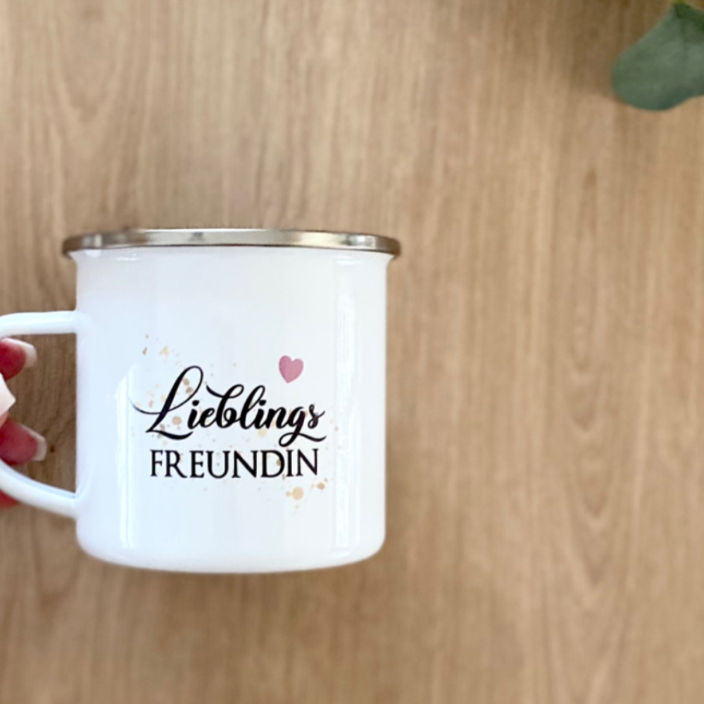 Tasse "Lieblingsfreundin" | Geschenk für die beste Freundin | Emailletasse mit Geschenkanhänger