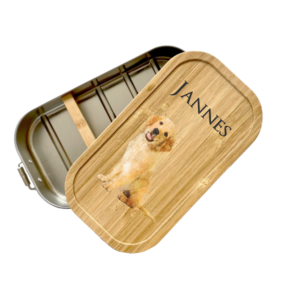 Brotdose für Kinder mit Hund als Motiv und Namen personalisiert.