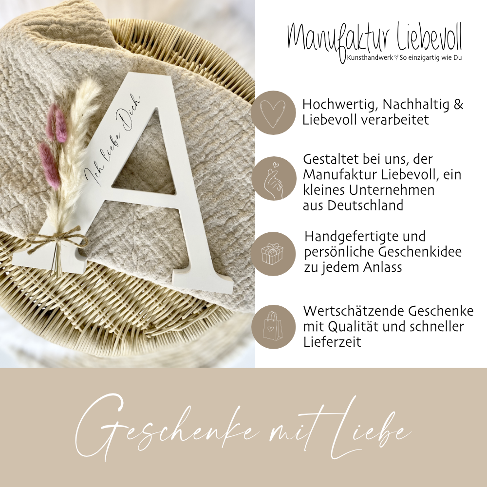 Personalisierter Buchstabe aus Holz, Monogram mit Trockenblumen u. Schriftzug, Geschenk mit Laser Gravur, Holzbuchstabe mit Wunschname | Geburtstag Hochzeit Geburt Taufe Konfirmation