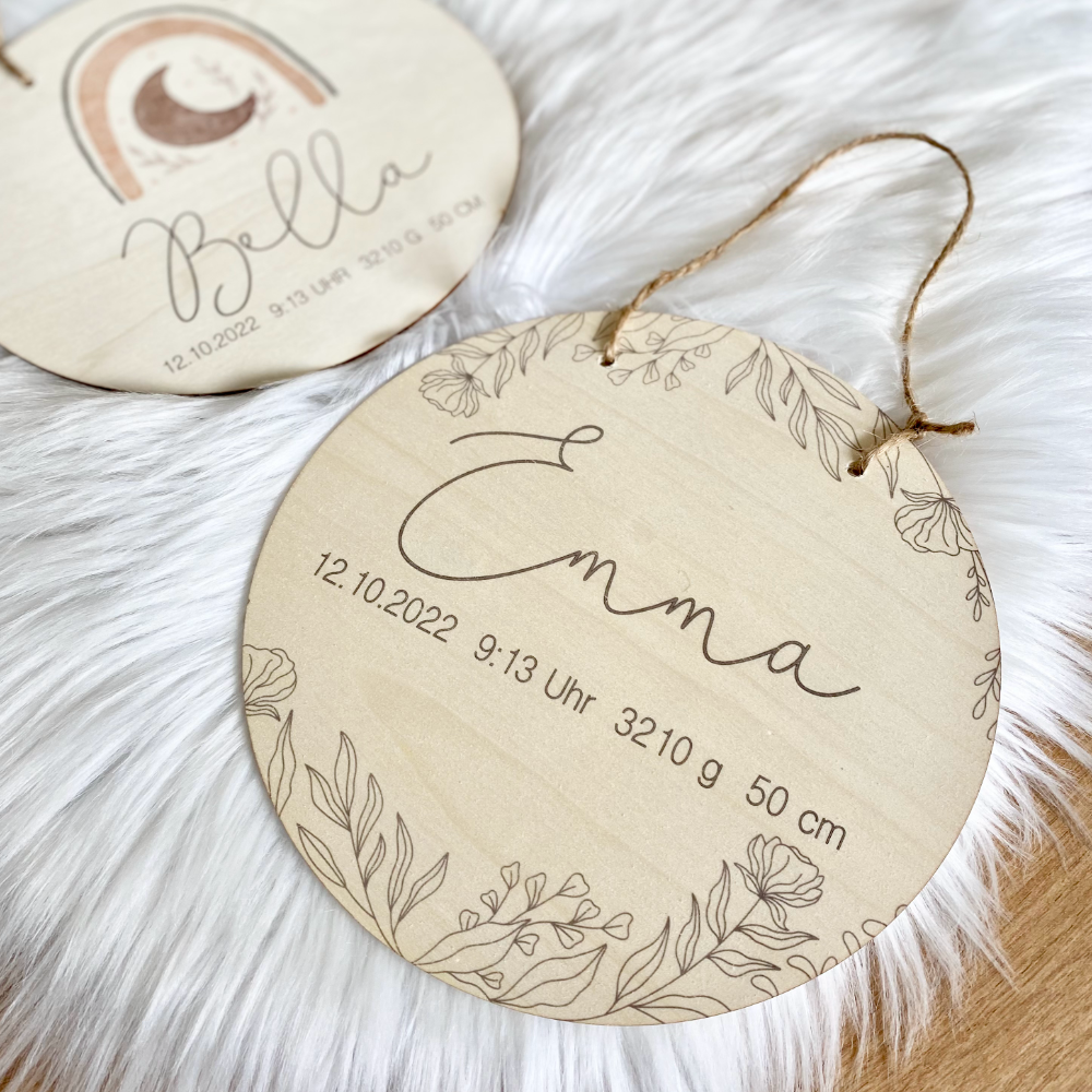 Personalisiertes Geschenk für Babys zur Geburt u. Taufe | Babygeschenk mit dem Namen u. den Geburtsdaten | Florales Holzschild für das Babyzimmer