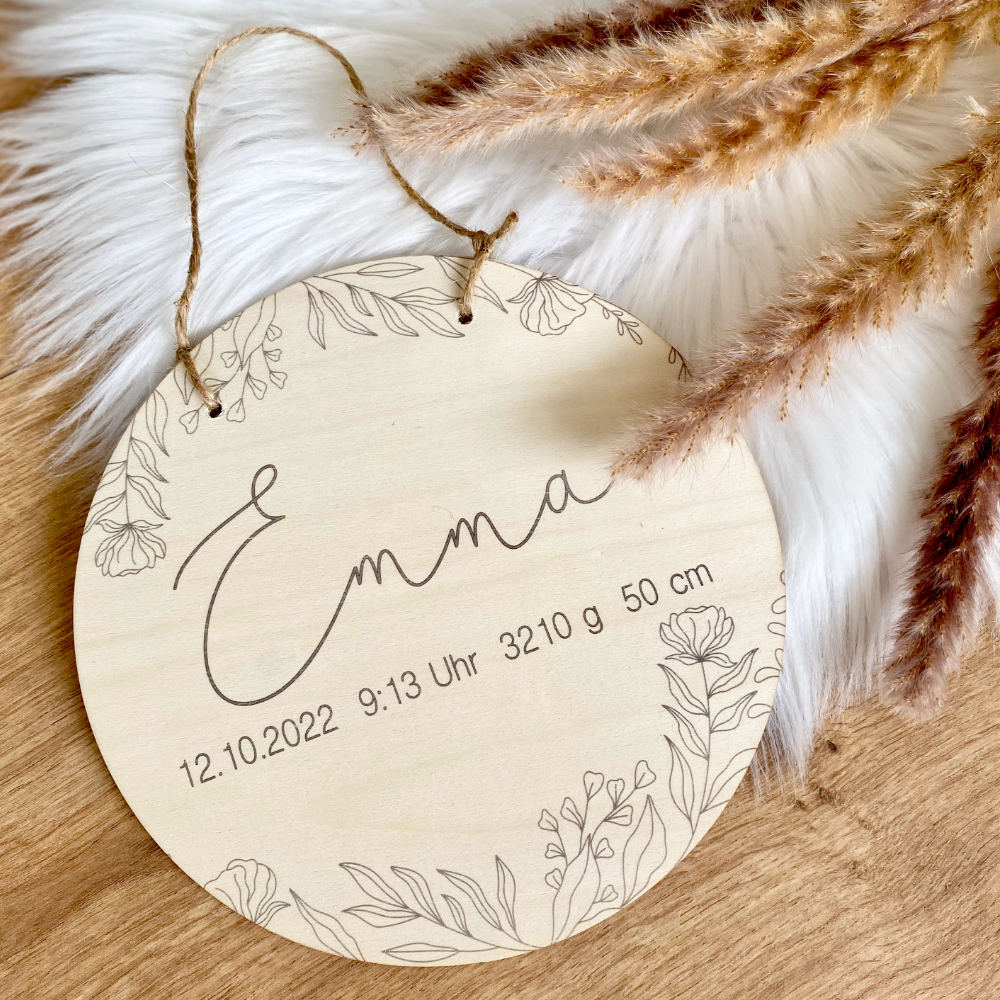 Personalisiertes Geschenk für Babys zur Geburt u. Taufe | Babygeschenk mit dem Namen u. den Geburtsdaten | Florales Holzschild für das Babyzimmer