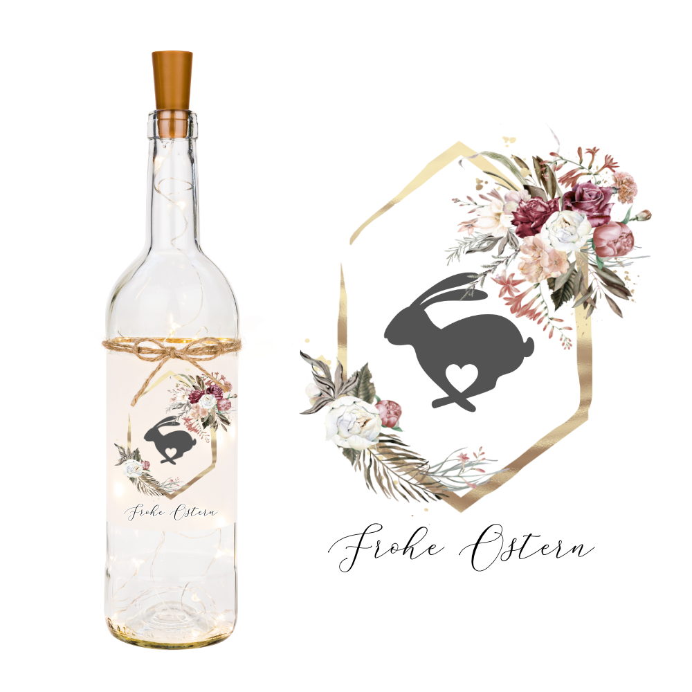 Flaschenlicht "Frohe Ostern" | Leuchtflasche mit floralem Hasenmotiv als Dekoration u. Ostergeschenk | Ideales Geldgeschenk