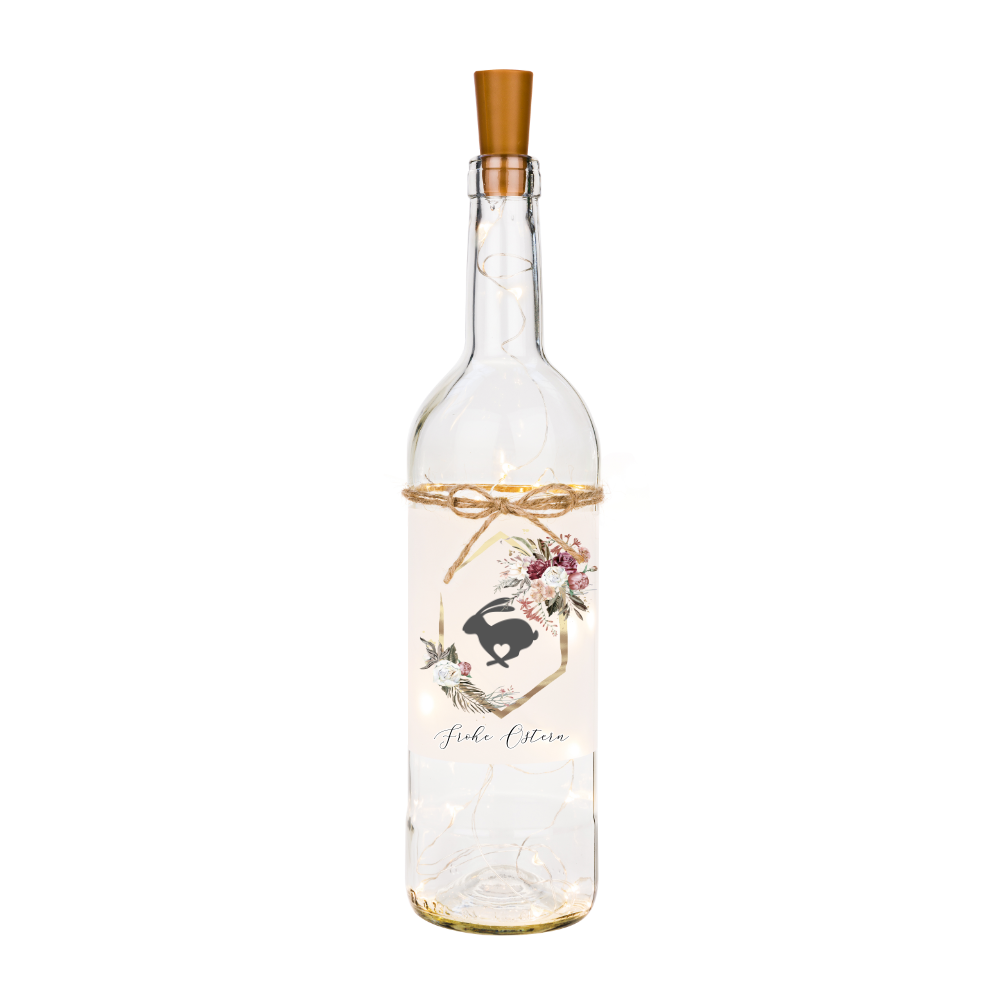 Flaschenlicht "Frohe Ostern" | Leuchtflasche mit floralem Hasenmotiv als Dekoration u. Ostergeschenk | Ideales Geldgeschenk