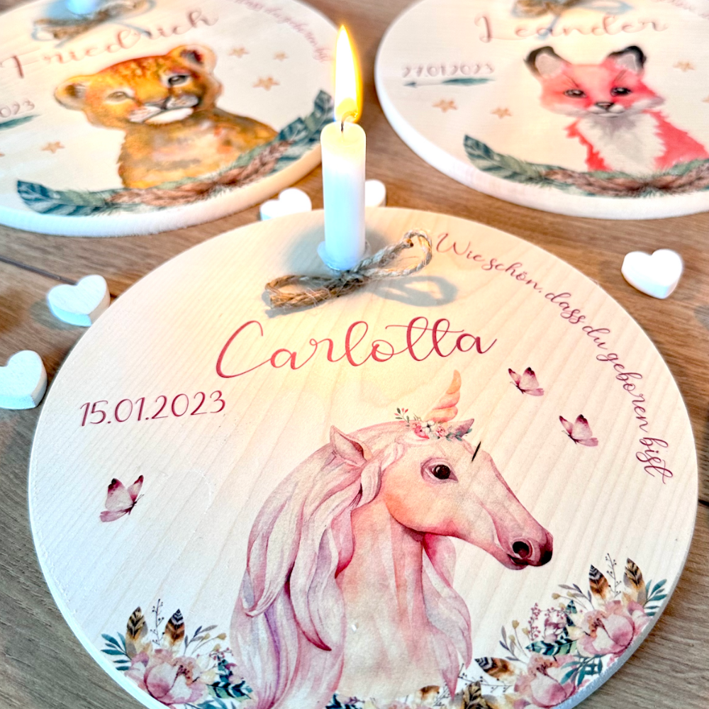 "Waschbär" Geburtstagsteller für Kinder | Personalisierter Kerzenteller aus Holz für Mädchen und Jungen + Kerze | Geschenkidee zur Geburt, Taufe, Kindergeburtstag | weitere Motive zur Auswahl