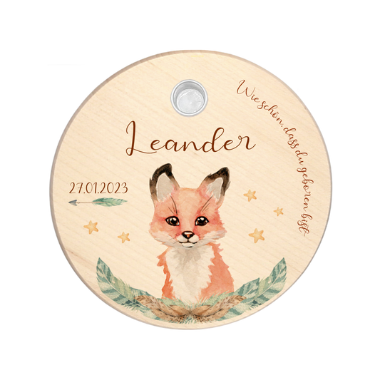 Kerzenteller "Fuchs" für Kinder | Personalisierter Geburtstagsteller aus Holz für Mädchen und Jungen + Kerze | Geschenkidee zur Geburt, Taufe, Kindergeburtstag | weitere Motive zur Auswahl