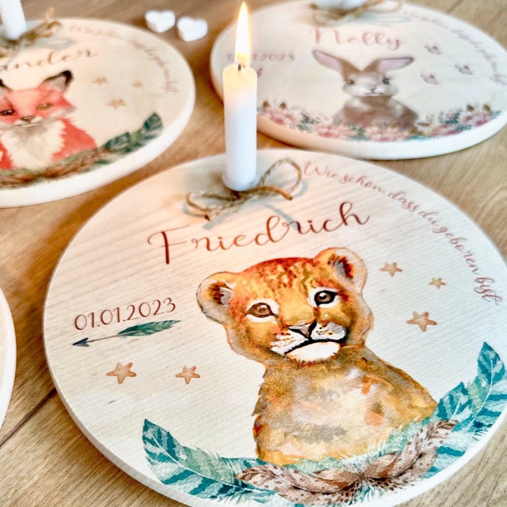 Geschenk mit Namen für Kinder zur Geburt Taufe Geburtstag mit Löwe und Kerze 