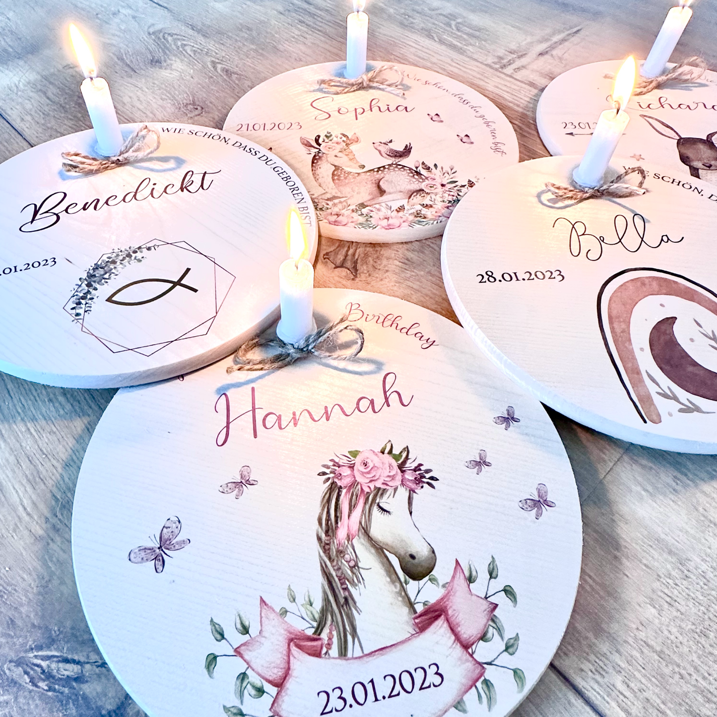 Geburtstagsteller "Reh" für Kinder | Personalisierter Kerzenteller aus Holz für Mädchen und Jungen + Kerze | Geschenkidee zur Geburt, Taufe, Kindergeburtstag | weitere Motive zur Auswahl