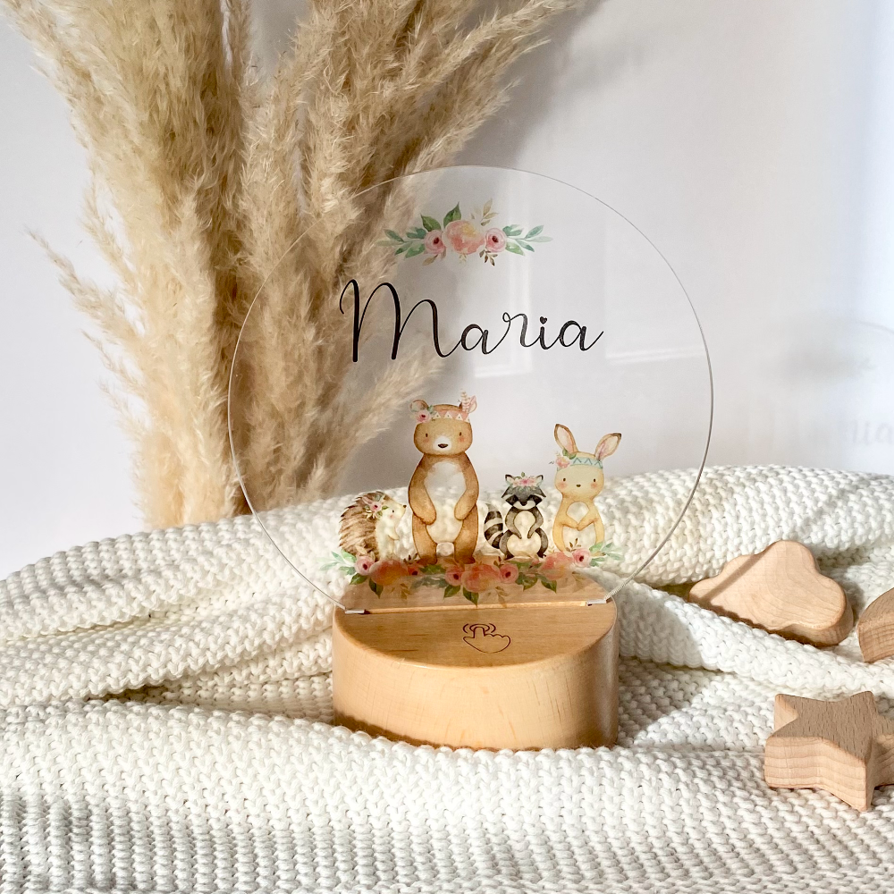 LED Lampe "Boho Tiere" mit Namen des Kindes | Personalisierte Nachttischlampe in Rund aus Holz und Acryl