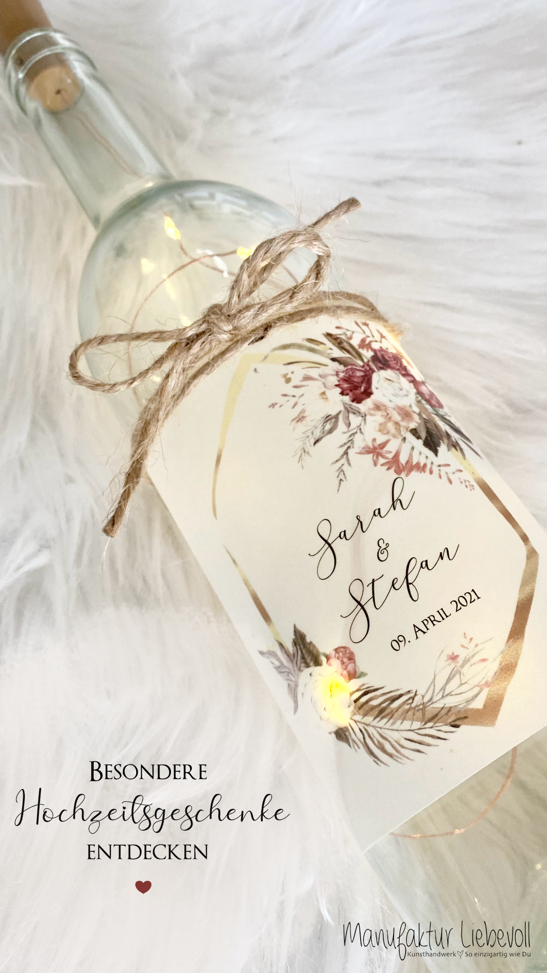 Personalisiertes Flaschenlicht zur Hochzeit | Besonderes Hochzeitsgeschenk | Handgefertigt mit den Namen des Paares und dem Hochzeitsdatum