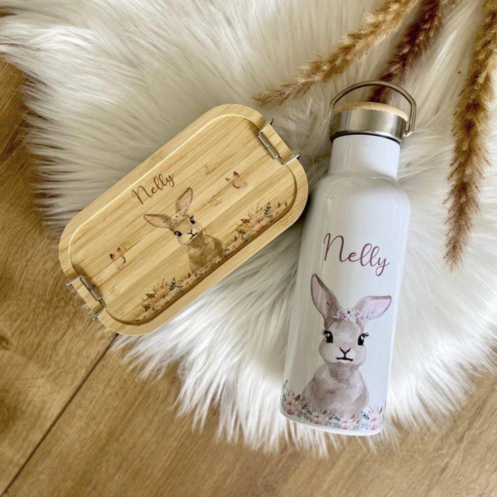 Zauberhaftes Geschenkset Brotdose und Trinkflasche Hase mit Namen für Mädchen