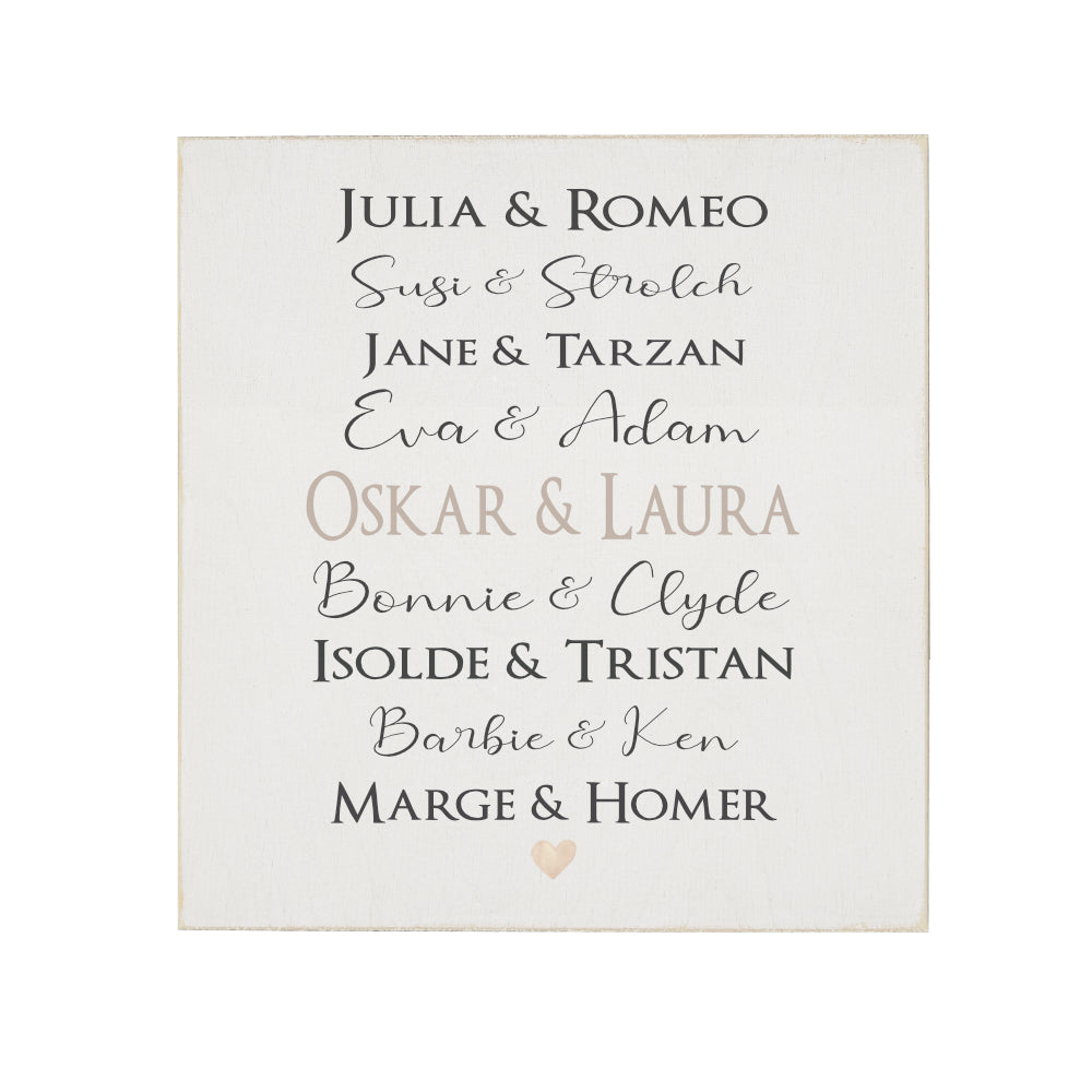 Originelles Geschenk für verliebte Paare | Holzbild gestaltet mit den Namen des Paares | Personalisierte Geschenkidee zum Jahrestag u. Valentinstag