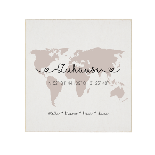 Holzbild "Weltkarte" für Paare u. Familien mit Namen u. Koordinaten  | Stilvolles Geschenk für Verliebte, Ehepaare und Paare als Hochzeitsgeschenk, zum Valentinstag und zum Richtfest