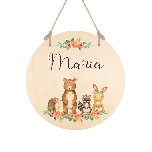 Rundes Namensschild Boho Tiere aus Holz mit Namen des Kindes