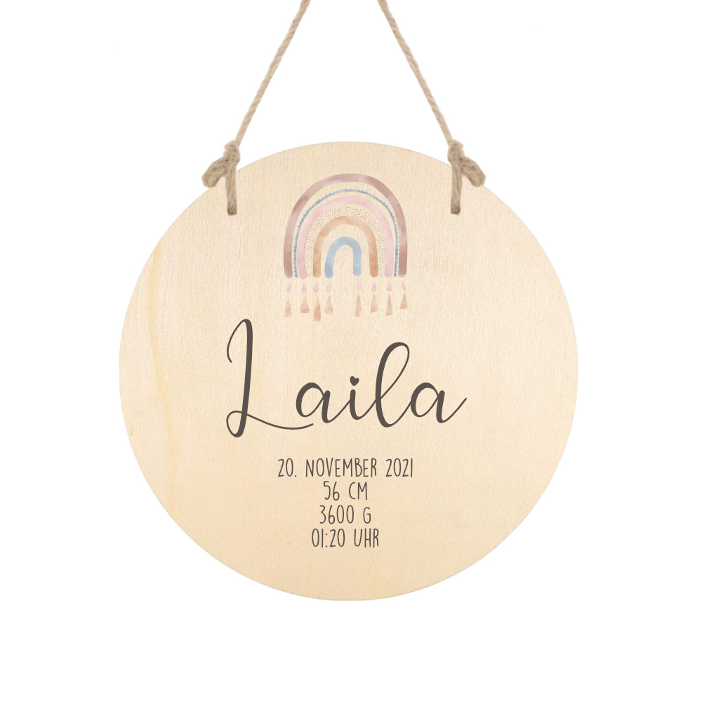 Namensschild "Regenbogen" für das Baby- und Kinderzimmer in Rund | Personalisiertes Geschenk aus Holz mit Namen des Babys u. Kindes | Besondere Geschenkidee zur Geburt und Taufe | Türschild in 6 Motivvarianten für Mädchen und Jungen