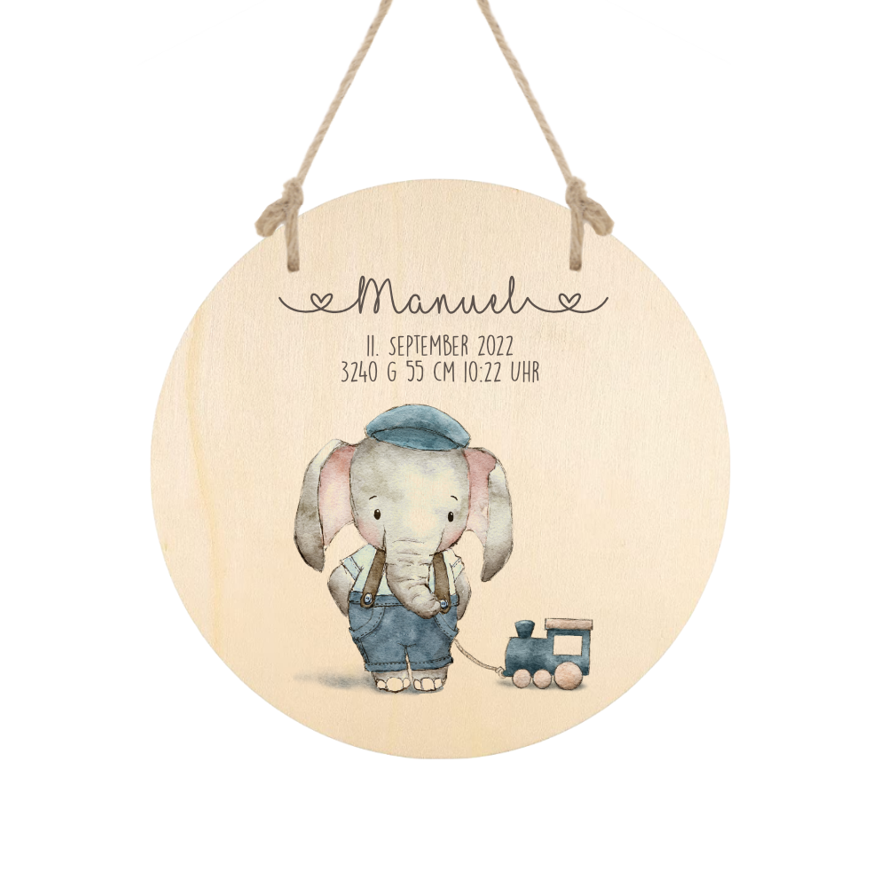 Rundes Holzschild für Babys. Personalisiertes Geschenk mit Name und Elefant.