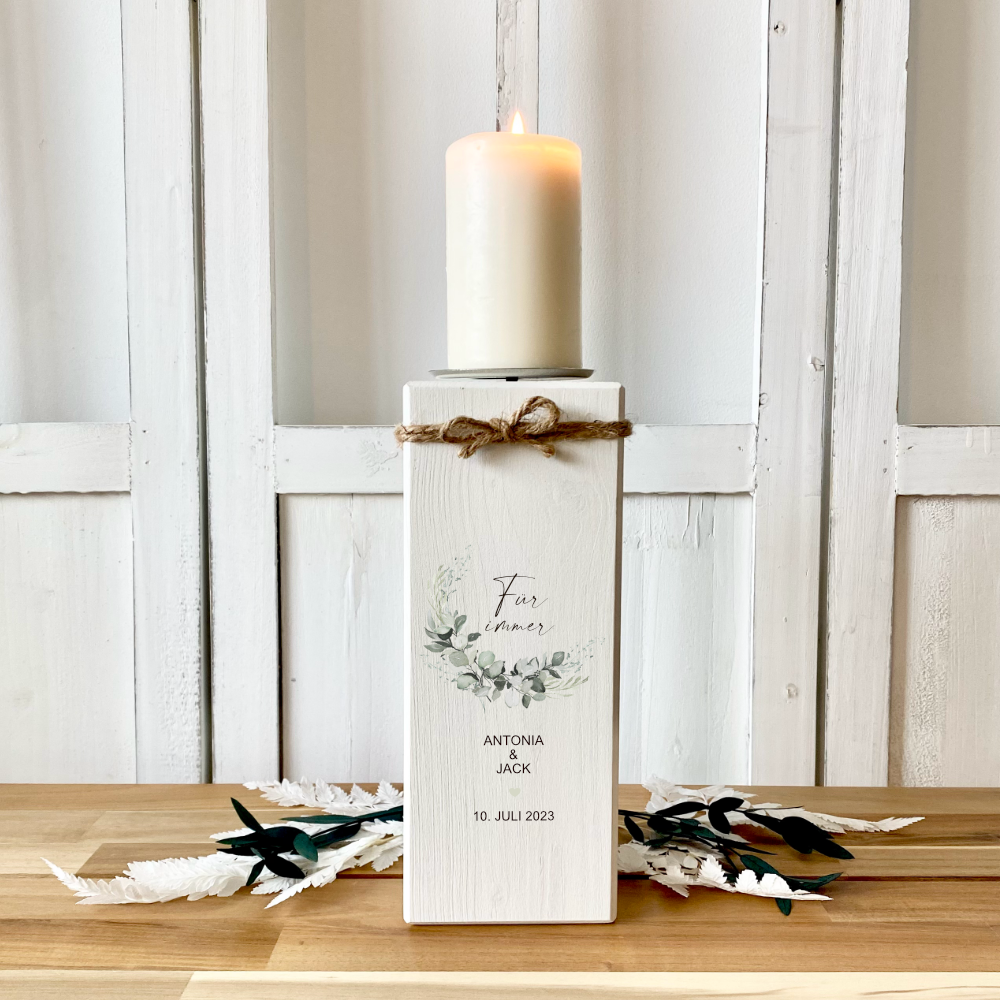 Personalisierter Kerzenständer „Für immer“ zu Hochzeit, Vermählung, Trauung | Hochzeitsgeschenk mit Namen u. Hochzeitsdatum