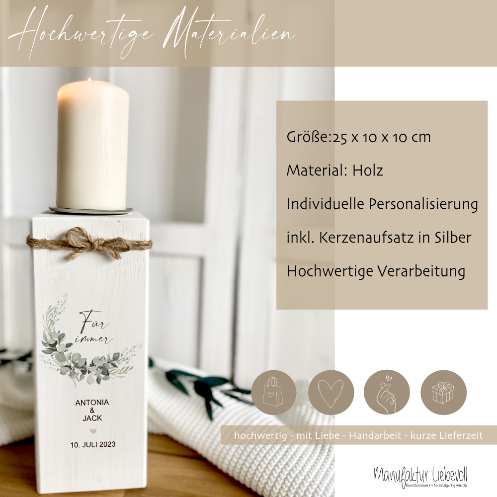 Personalisierter Kerzenständer „Für immer“ zu Hochzeit, Vermählung, Trauung | Hochzeitsgeschenk mit Namen u. Hochzeitsdatum