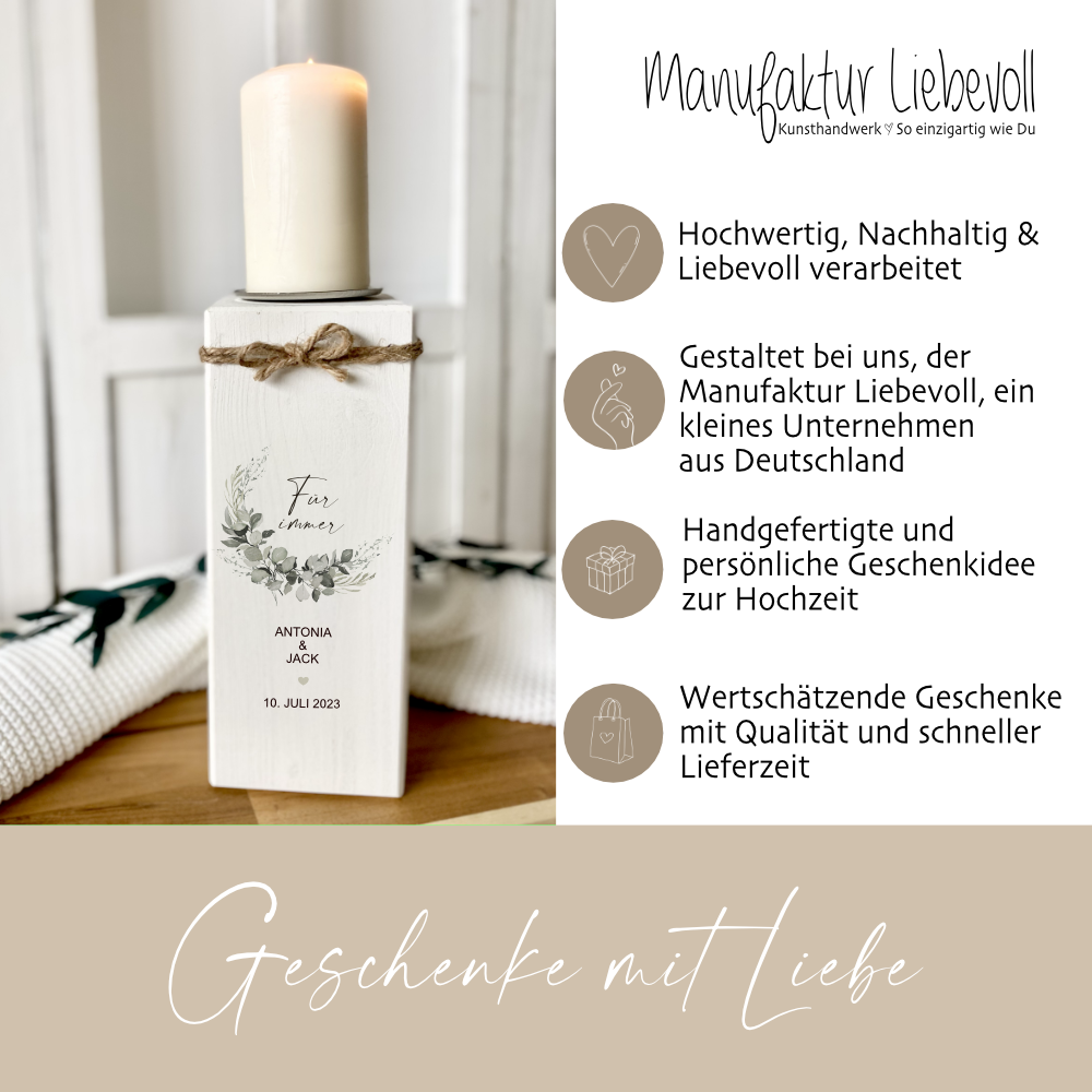 Personalisierter Kerzenständer „Für immer“ zu Hochzeit, Vermählung, Trauung | Hochzeitsgeschenk mit Namen u. Hochzeitsdatum