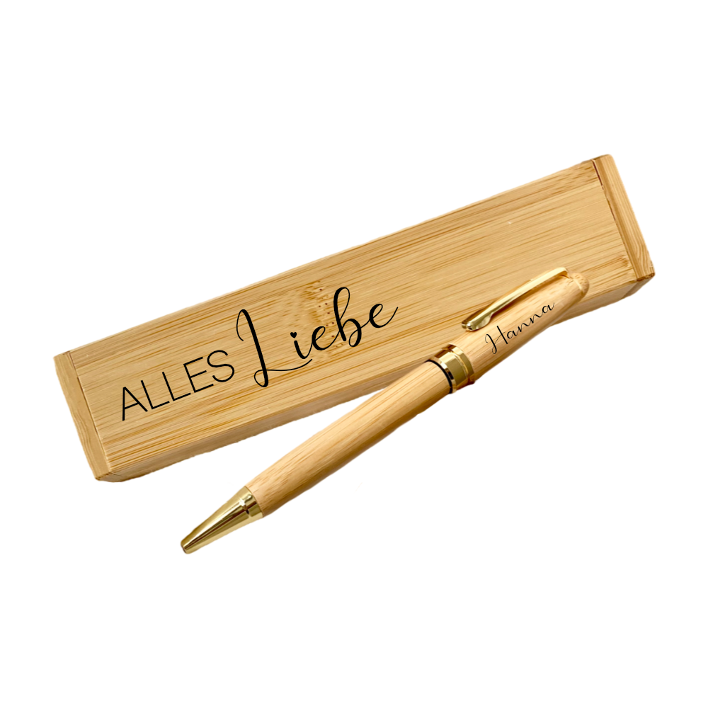 Kugelschreiber mit Namen und Bambus Etui als Geschenk