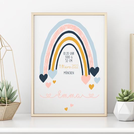 Poster "Regenbogen" mit Namen und Geburtsdaten | Besondere Wanddekoration für das Babyzimmer | Personalisiertes Geschenk zur Geburt u. Taufe | 4 Varianten zur Auswahl