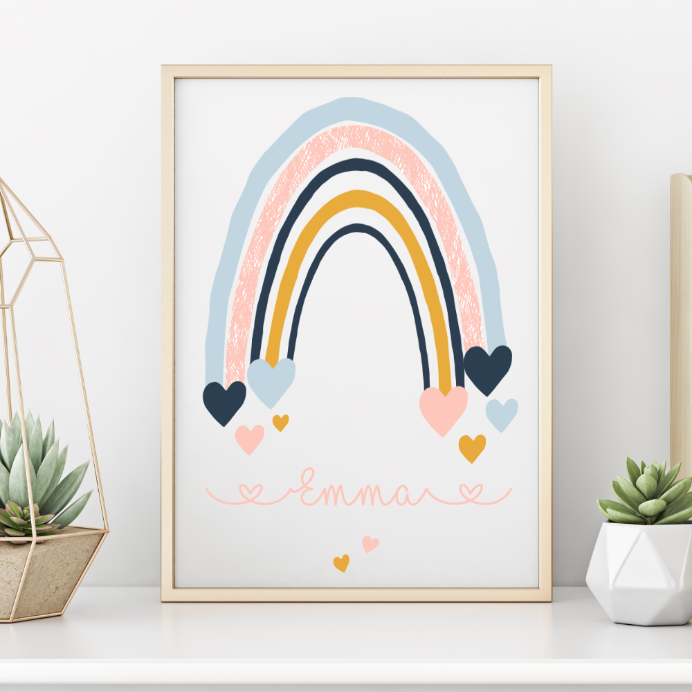Poster "Regenbogen" für Kinder | Liebevolle Deko für das Babyzimmer | Persönliches Wandbild mit dem Namen des Babys | 4 Varianten zur Auswahl