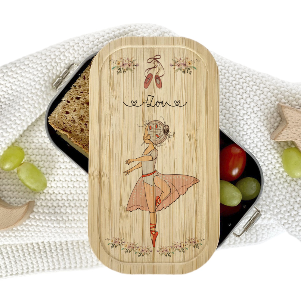 Brotdose mit Namen für Mädchen und Jungen | Lunchbox mit Motiv "Ballerina" | Wählbar in Edelstahl | Personalisiertes Geschenk zum Thema Ballett