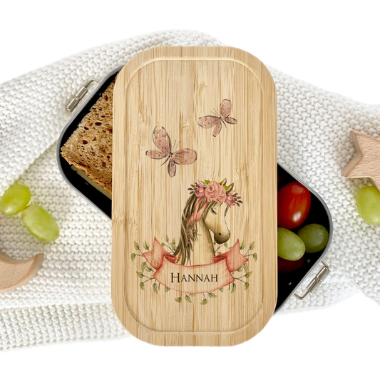 Brotdose "Pony" mit Namen und Bambusdeckel für Mädchen und Jungen | Wählbar in Edelstahl  Lunchbox mit Pferd | Personalisierte Geschenkidee für Kinder