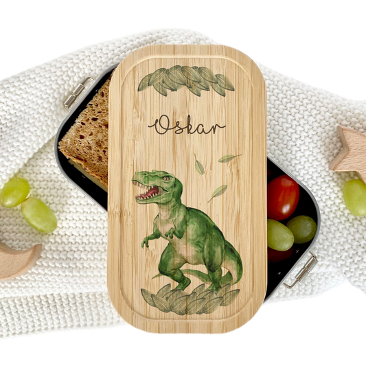 Brotdose "Dino" wählbar in Edelstahl mit Bambusdeckel und Namen für Kinder | Wählbar in Edelstahl | Lunchbox mit Dinosaurier | Personalisiertes Geschenk für Kinder