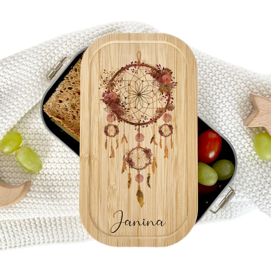 Brotdose "Traumfänger" mit Bambusdeckel und Namen für Frauen | Lunchbox mit Traumfänger | Wählbar in Edelstahl | Personalisierte Geschenkidee fürs Büro, Freizeit, Reisen, Achtsamkeit