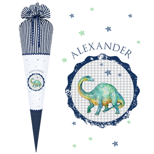 Schultüte für Jungen in Blau mit Dinosaurier | Handgefertigte Stoffschultüte mit Namen des Kindes | Optional mit Füllkissen und Spitzenschutz