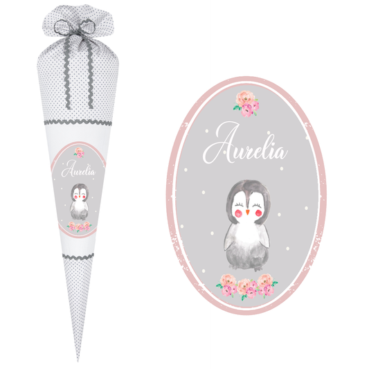 Schultüte für Mädchen mit schönem Pinguin | Stoffschultüte mit Namen | Handgefertigte Stoffschultüte zum Schulbeginn | Optional mit Füllkissen und Spitzenschutz