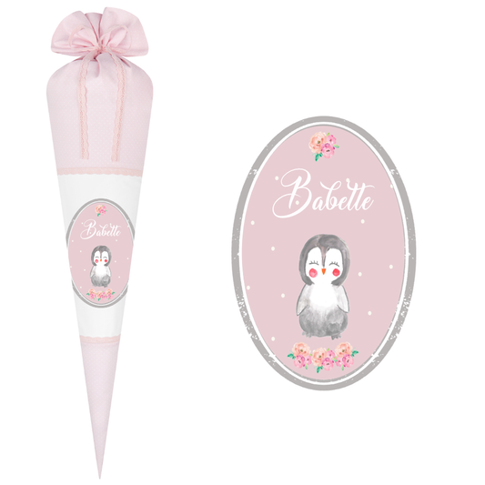 Niedliche Schultüte für Mädchen mit Pinguin und Namen in Rosa | Optional mit Füllkissen und Spitzenschutz