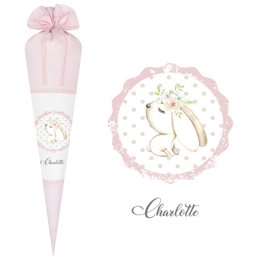 Schultüte "Hase" in Rosa mit weißen Punkten für Mädchen mit Namen | Optional mit Füllkissen und Spitzenschutz