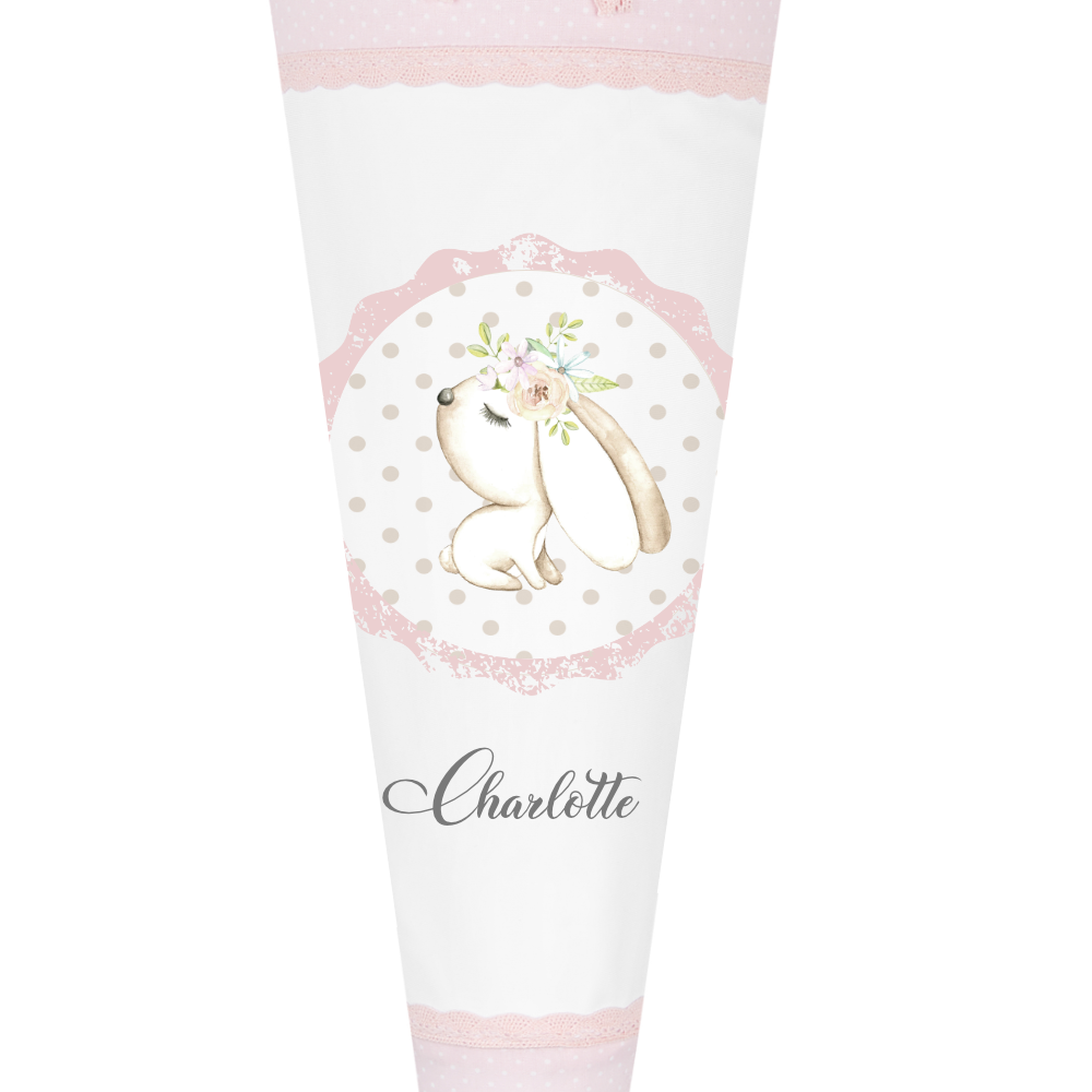 Schultüte "Hase" in Rosa mit weißen Punkten für Mädchen mit Namen | Optional mit Füllkissen und Spitzenschutz