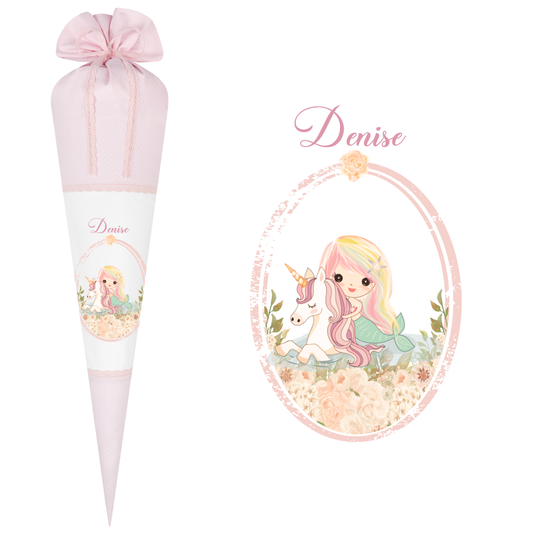 Schultüte "Meerjungfrau mit Einhorn" für Mädchen mit Namen | Personalisierte Stoffschultüte aus rosa Stoff mit weißen Punkten genäht | Optional mit Füllkissen und Spitzenschutz