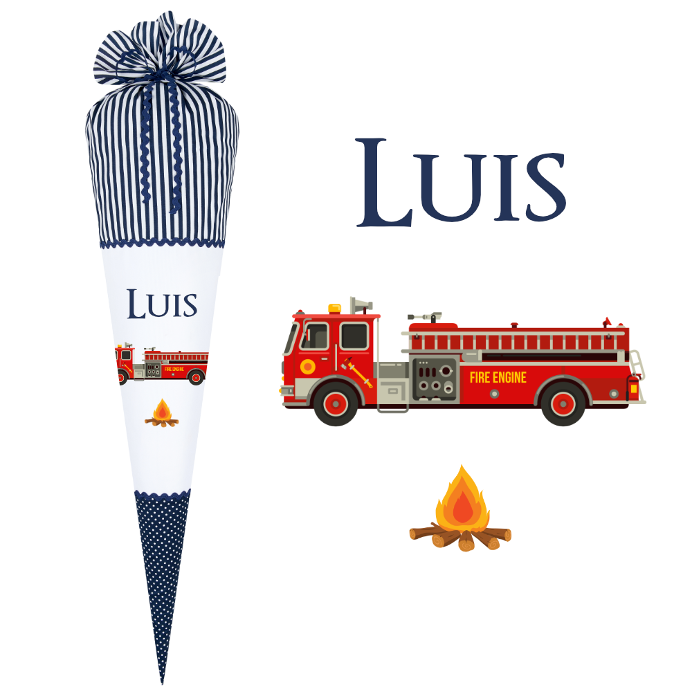 Personalisierte Stoffschultüte mit Feuerwehr und Namen des Kindes | Genähte Schultüte für Jungen in Blau | Optional mit Füllkissen und Spitzenschutz