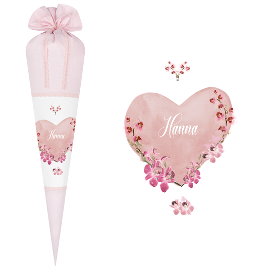 Schultüte aus rosa Stoff für Mädchen | Personalisierte Stoffschultüte mit einem Herz | Optional mit Füllkissen und Spitzenschutz