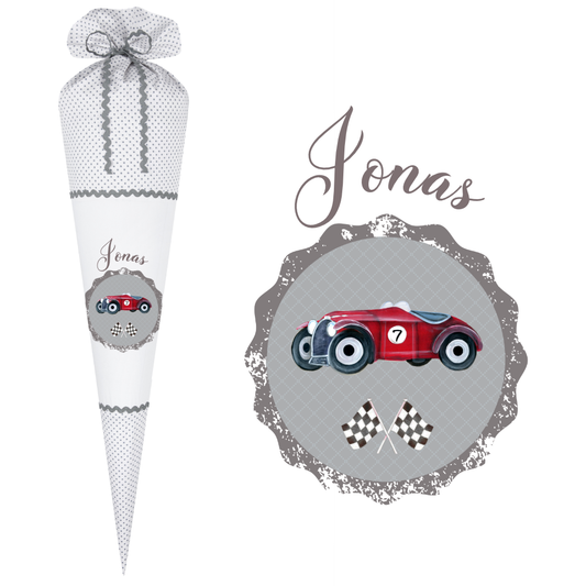 Schultüte für Jungen mit einem roten Rennauto und dem Namen handgefertigt | Personalisierte Stoffschultüte zur Einschulung | Optional mit Füllkissen und Spitzenschutz